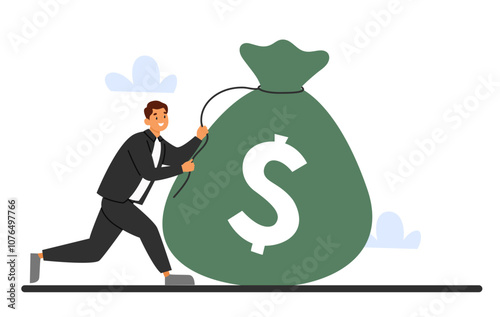 Male figure moving a bag full of cash and coins, visualizing business success, income growth, and economic achievement