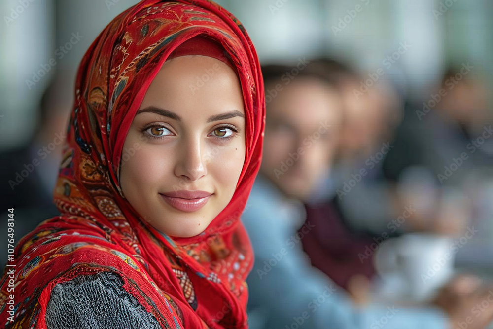 Arab woman in hijab traditional Muslim clothing at a men's meeting, business equality of women's rights.