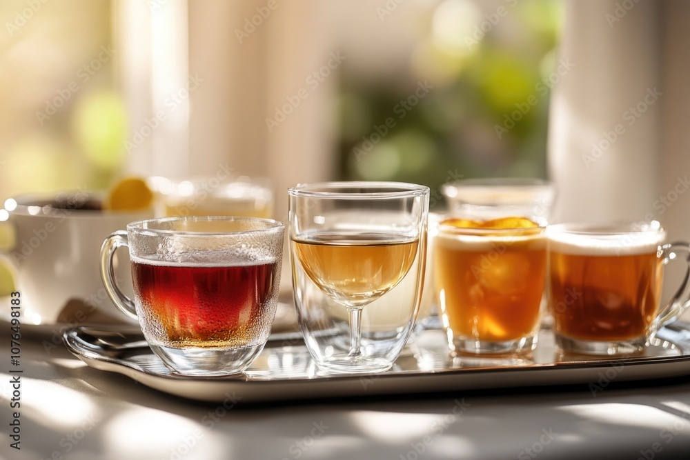 A tray with four cups and saucers for serving tea, perfect for a cozy gathering A tray with four cups and saucers for serving tea, perfect for a cozy gathering