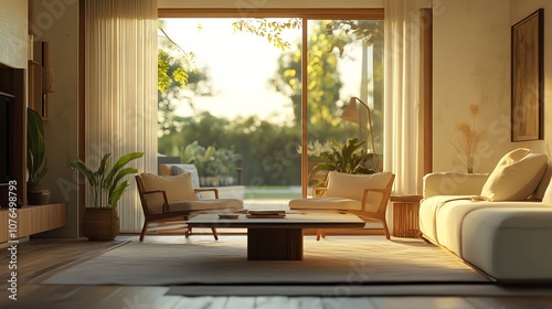 A modern living room with a large sectional sofa facing a fireplace and large windows with a view of the ocean.