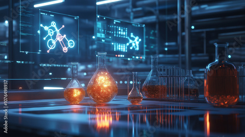Futuristic chemistry lab scene with holographic displays showing molecular models and data