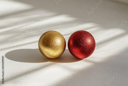 Two eggs, one red and one gold, sit side by side photo