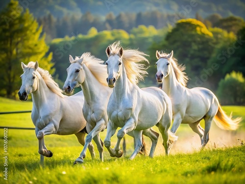 Majestic Lipizzan Horses Galloping through Lush Green Pastures at Lipica Stud Farm, Slovenia, with a Beautiful Bokeh Effect Enhancing the Scenic Landscape and Equine Beauty