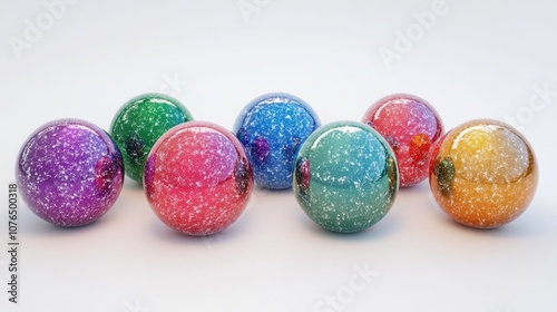 A collection of vibrant Easter eggs arranged on a white background