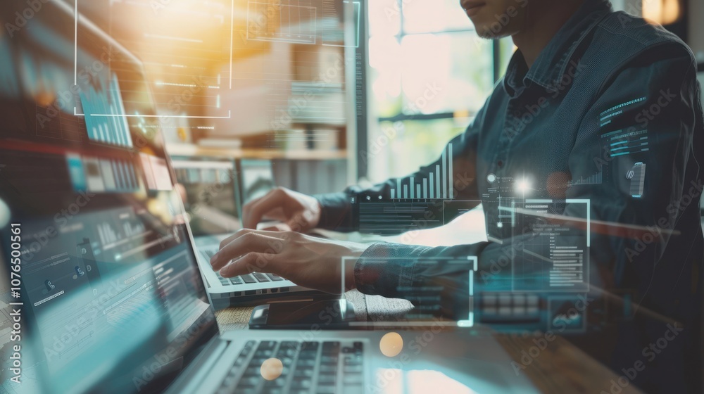 Businessman Working on Laptop with Data Analytics and Digital Interface Businessman Working on Laptop with Data Analytics and Digital Interface
