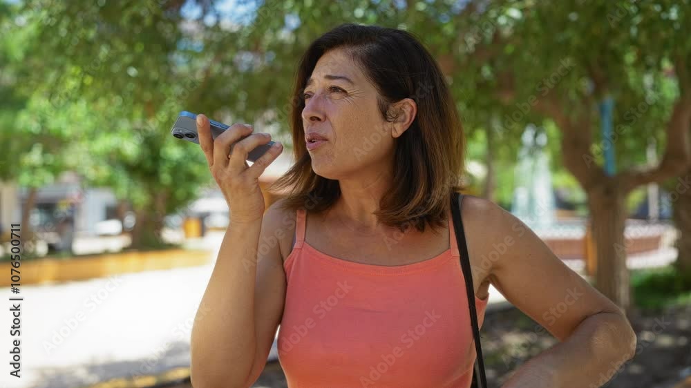 Woman talking on mobile phone outdoors in the city park during a sunny day, wearing a sleeveless top, looking concerned while communicating. Woman talking on mobile phone outdoors in the city park during a sunny day, wearing a sleeveless top, looking concerned while communicating.