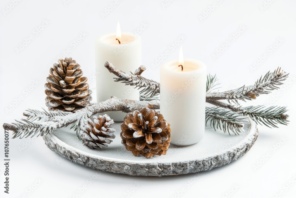 Simple table setting with white plate, three candles, and pine cones Simple table setting with white plate, three candles, and pine cones