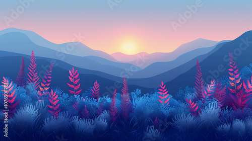 Serene Mountain Landscape With Vivid Sunset and Colorful Foliage