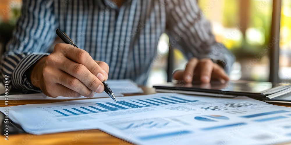 Close-up of a Hand Pointing at Financial Charts, Analyzing Data for Strategic Decisions