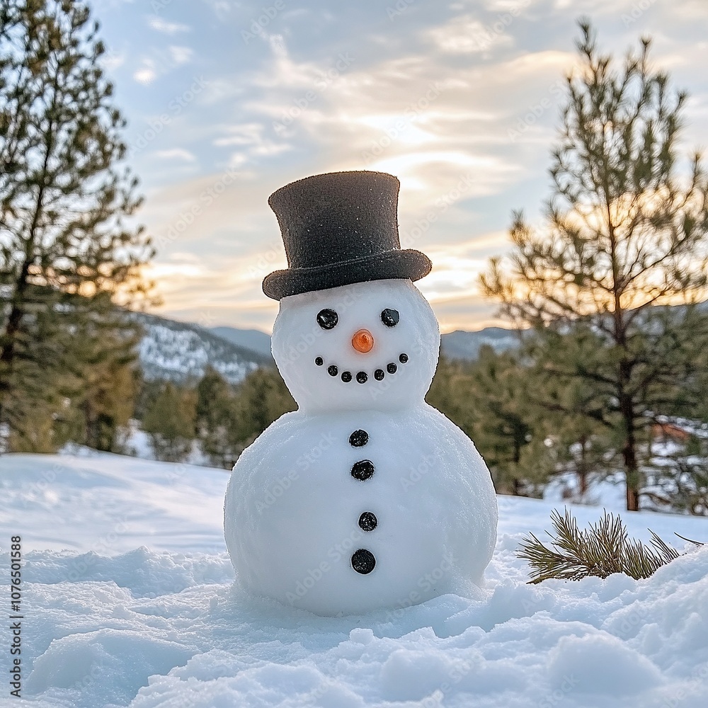 Obraz premium a snowman with a top hat, on a snowy hill with pine trees.