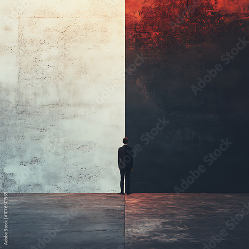 man standing between contrasting walls, one white and one black, symbolizes choices and duality. stark division evokes contemplation and emotional depth photo