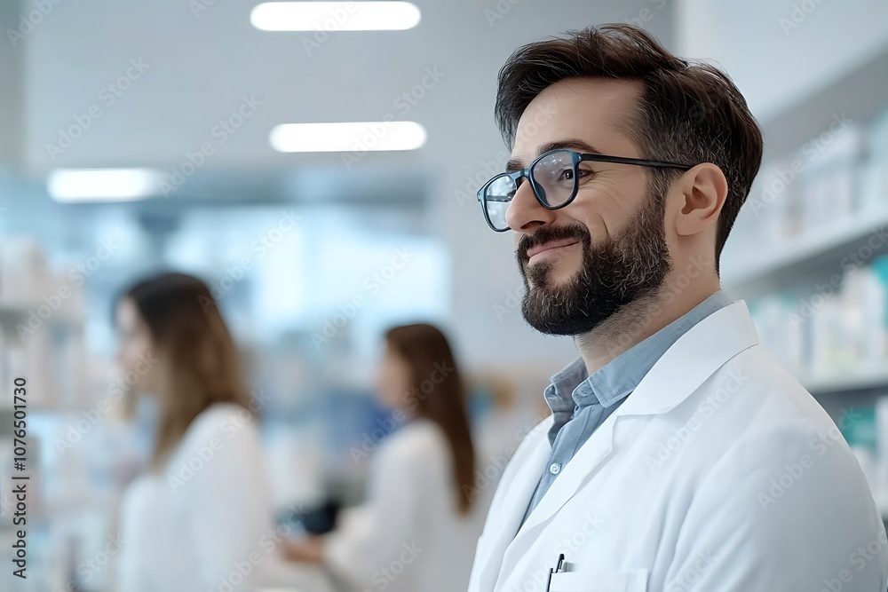 Pharmacist smiling in a pharmacy. Pharmacist smiling in a pharmacy.
