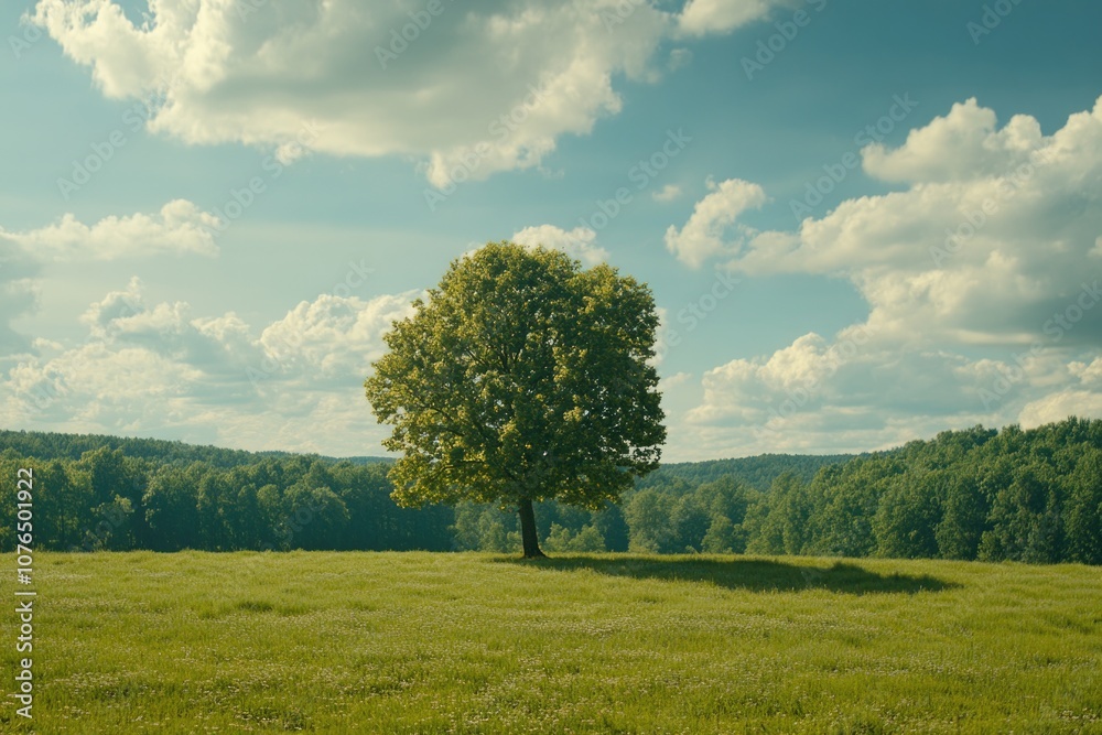 A single tree standing alone in a grassy field with trees in the background A single tree standing alone in a grassy field with trees in the background