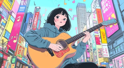 girl playing guitar in the street, surrounded by colorful buildings and billboards. photo