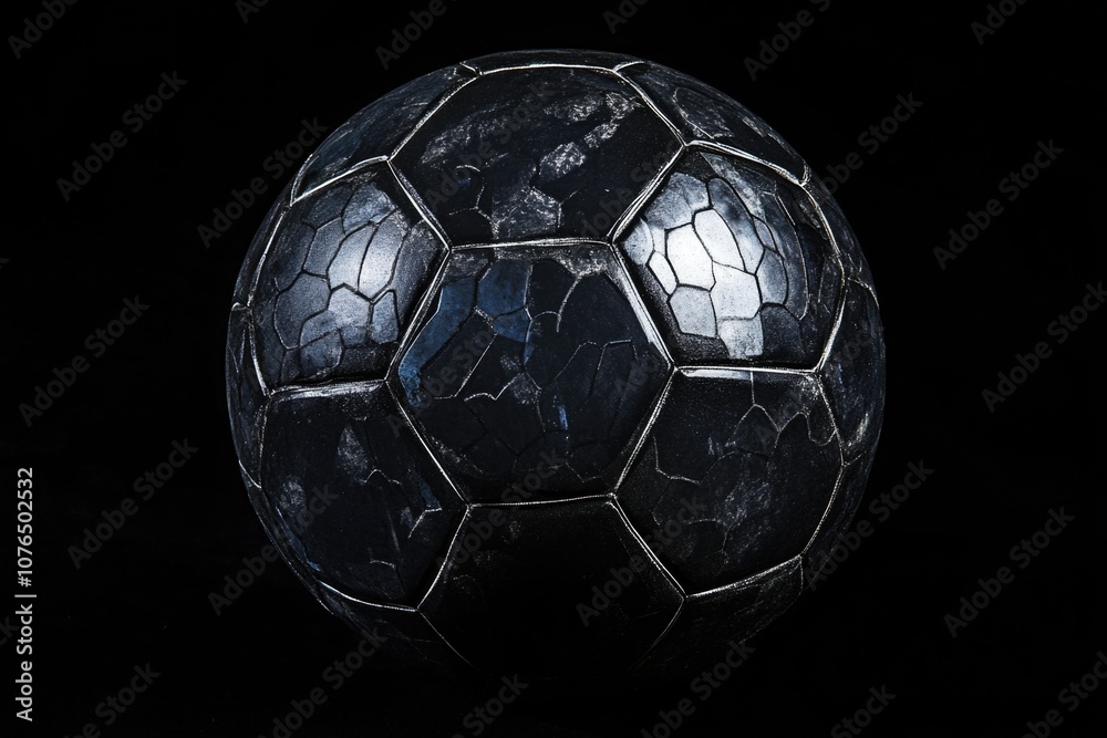 Naklejka premium A close-up of a black soccer ball against a dark background, ideal for sports-related designs and themes