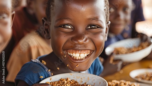 Close up of happy African children eating food at school, after being fed by an international organization that depicts global souls and plates with grains in the background. photo