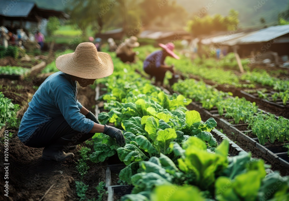 Naklejka premium The gardener tends the garden with fresh vegetables creating a healthy and organic atmosphere on a sunny day