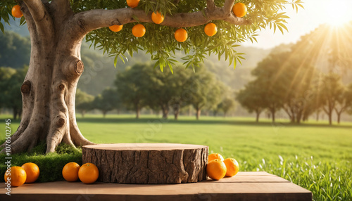 Tree Table wood Podium in the farm, a stand of display for food, perfume, and other products on nature background, Table in a farm with grass, Sunlight at morning photo