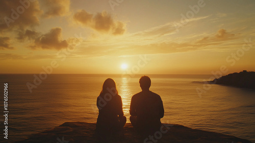 couple sitting close while watching sunset, faded colors and soft light, gentle smiles, nostalgic and peaceful vibe