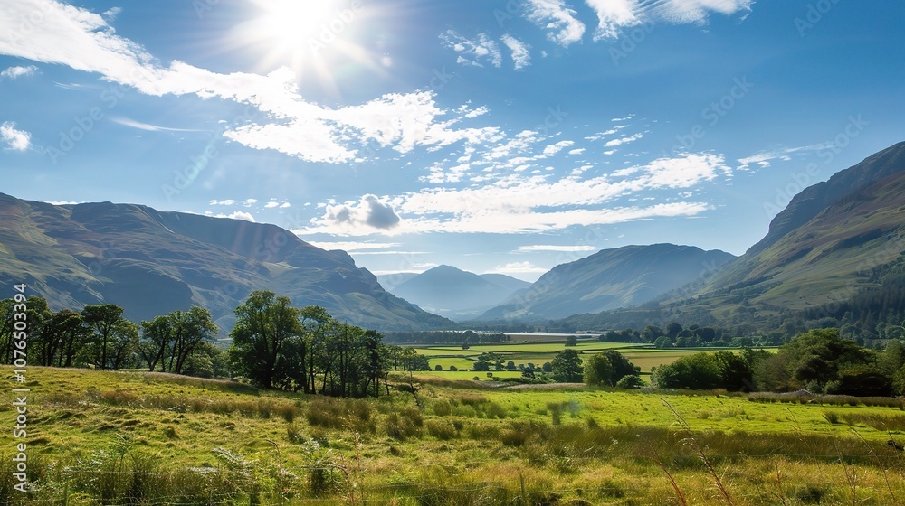 Gorgeous sunny day landscape featuring vast green fields stretching as far as the eye can see, with colorful wildflowers dotting the meadows. The bright blue sky is dotted with fluffy white clouds, Gorgeous sunny day landscape featuring vast green fields stretching as far as the eye can see, with colorful wildflowers dotting the meadows. The bright blue sky is dotted with fluffy white clouds,