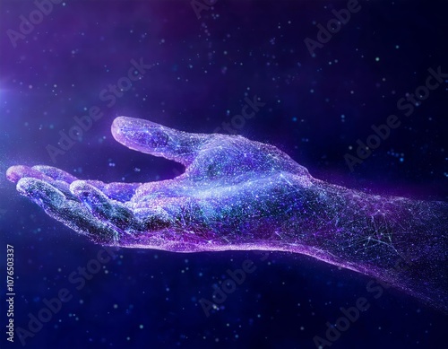 Digital hand composed of glowing dots and particles against dark blue background