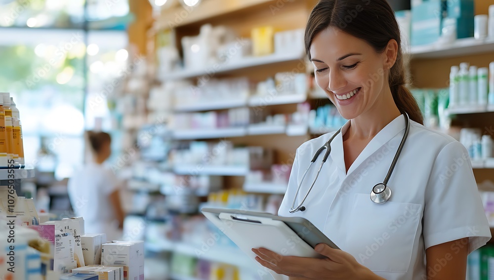 Smiling pharmacist looking at tablet in pharmacy. Smiling pharmacist looking at tablet in pharmacy.