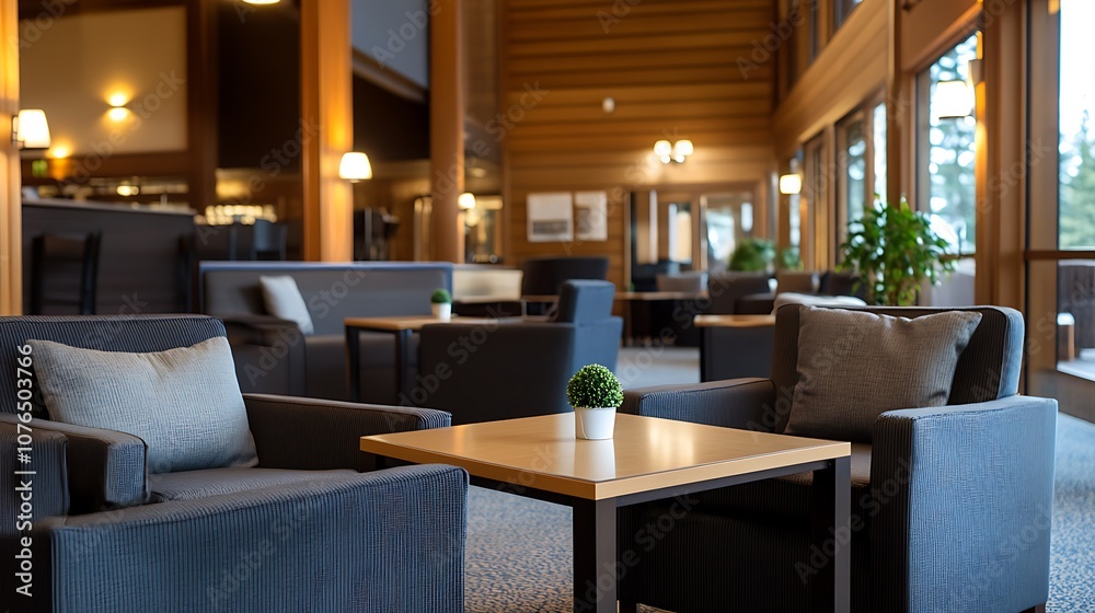 Obraz premium Spacious lobby with comfortable seating and wooden accents, perfect for relaxation.