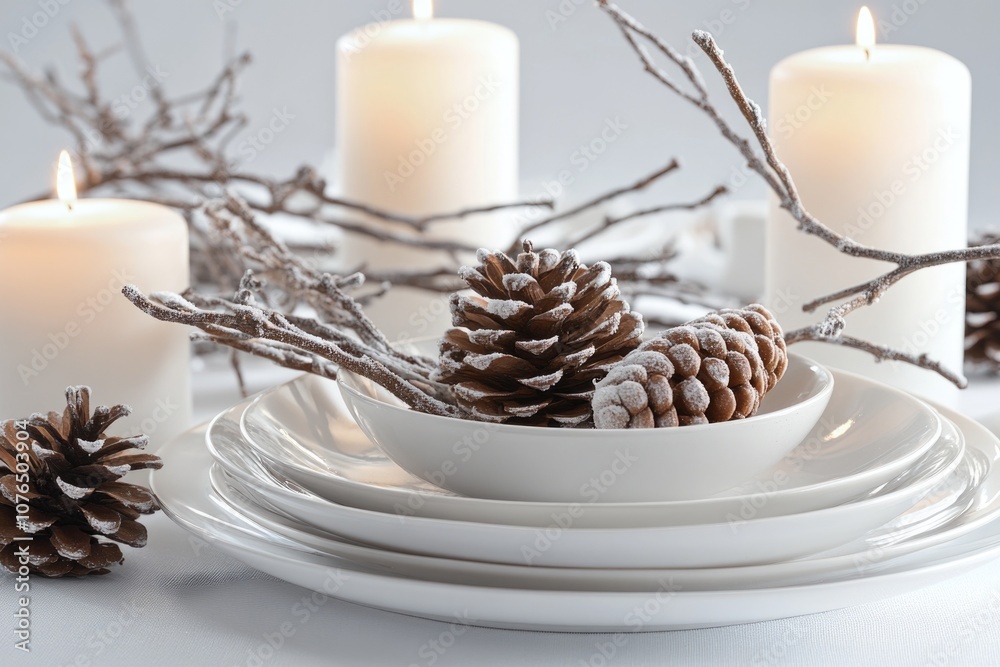 A white plate decorated with pine cones and candles, perfect for autumn or winter themed events A white plate decorated with pine cones and candles, perfect for autumn or winter themed events