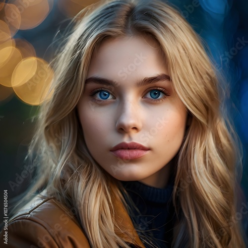 Beautiful Young European Woman with Blond Hair and Mysterious Gaze