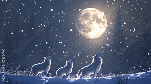 A pack of three wolves howling at the full moon on a snowy night.