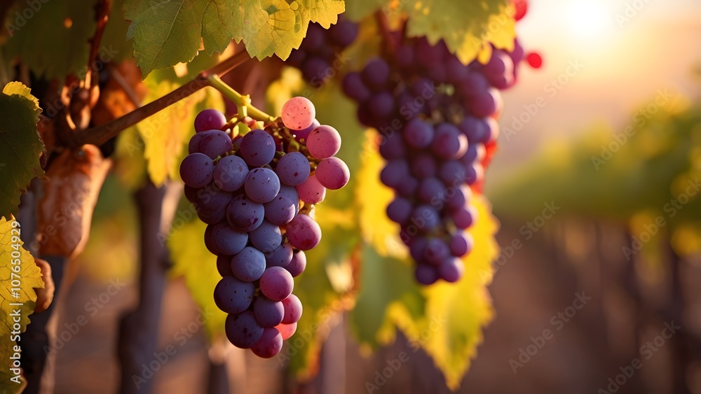 Fototapeta premium Close-up of Ripe Grapes on Vine with Sunset Bokeh in Vineyard