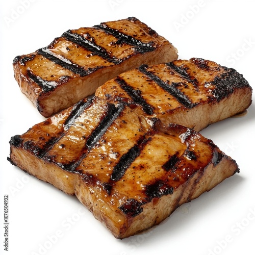 Grilled slices of meat with char marks, showcasing a delicious meal.