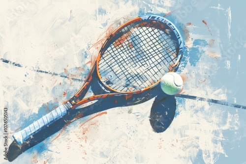 A tennis racket and ball on a tennis court, ready for play