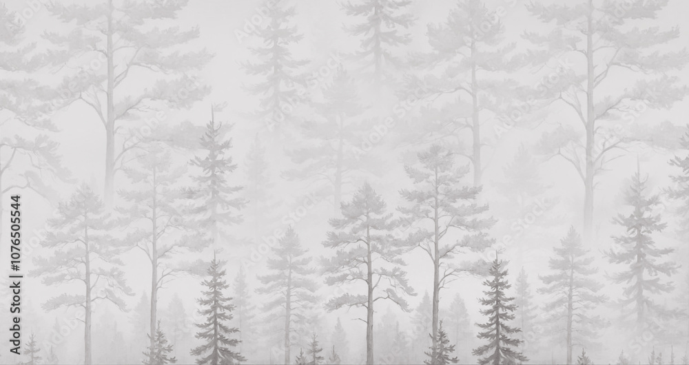 Fototapeta premium Silhouettes of trees. The forest is in a fog. A mural for the walls. Design for photo wallpapers.