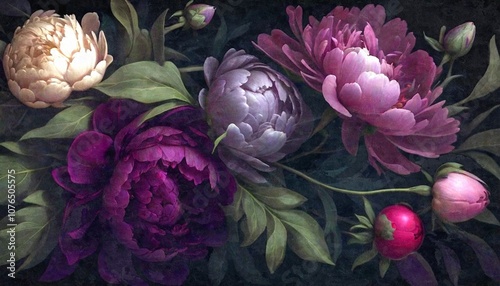 Peonies on a dark background. A mural for the walls. Flowers in the painting style. Background for the design.
