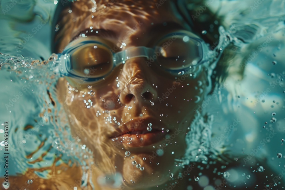 Fototapeta premium A woman wearing goggles swims in a pool