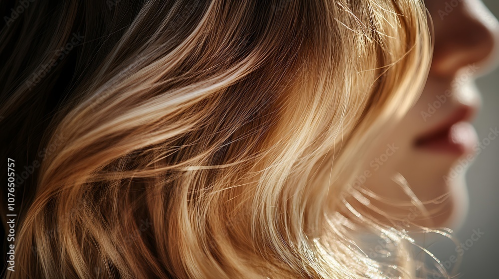 Close-up of Blonde Hair with Subtle Highlights and a Woman's Profile in the Background Close-up of Blonde Hair with Subtle Highlights and a Woman's Profile in the Background