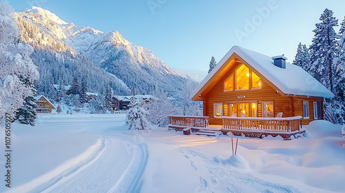 cozy cabin in snowy mountains glows warmly at sunset, surrounded by winter wonderland of snow covered trees and peaks, inviting adventure and tranquility