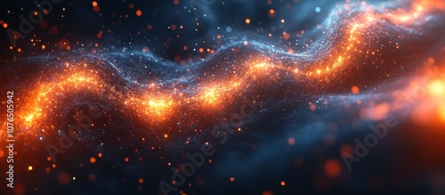 Abstract blue and orange glowing particles background.