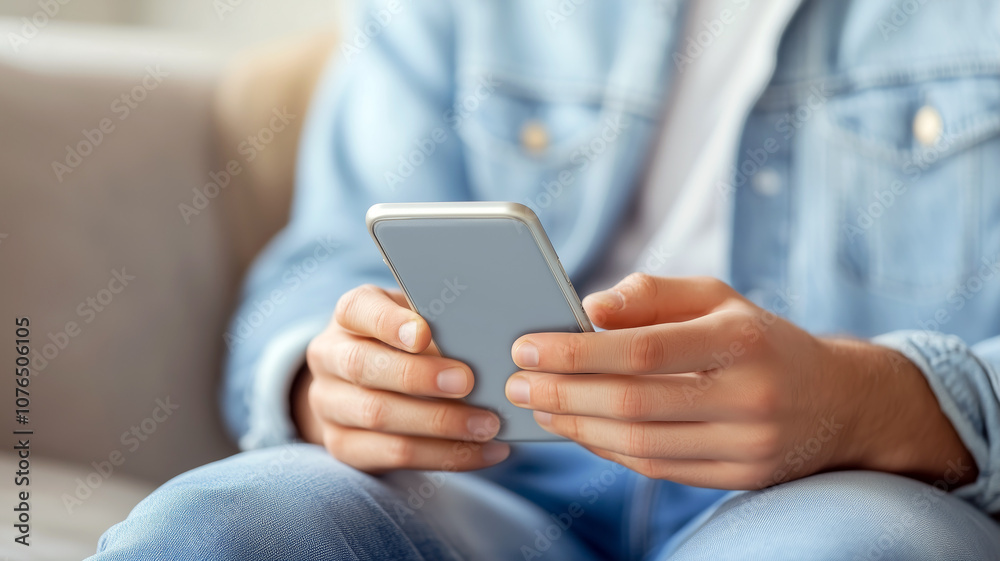 Casual denim and technology: hands using smartphone in relaxed setting Casual denim and technology: hands using smartphone in relaxed setting