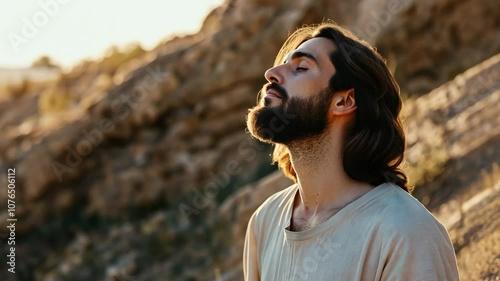 Jesus Christ looking up at the sky in contemplation at desolated land