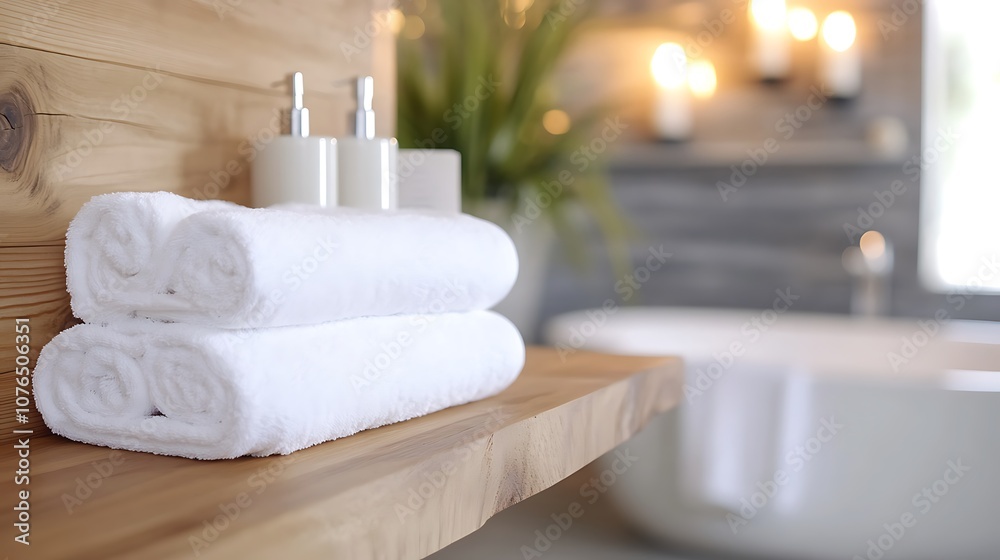Two white towels folded on a wooden shelf in a modern bathroom with a bathtub in the background. Two white towels folded on a wooden shelf in a modern bathroom with a bathtub in the background.