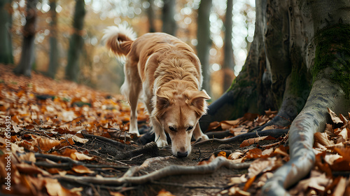 A dog digging near a tree with roots exposed in a forest 