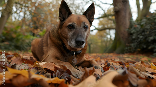 A dog lying on a bed of autumn leaves in a clearing