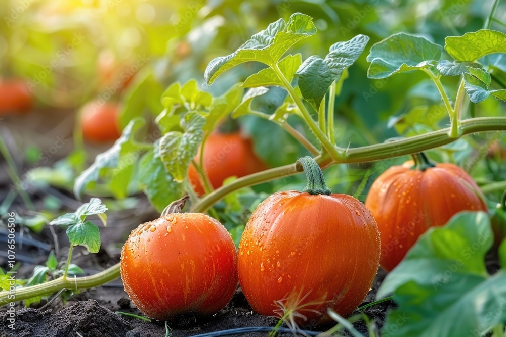 Obraz premium Fresh and juicy tomatoes growing on a vine in a garden, great for food photography or advertising use