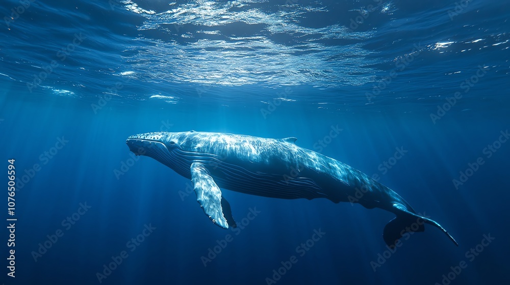 Naklejka premium A humpback whale swims through clear blue water.