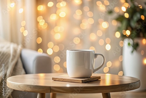 Minimalist Side Table with Blank Mug Mockup in Soft Bokeh Effect, Ideal for Cozy Home Decor and Lifestyle Photography, Perfect for Advertising and Social Media Backgrounds