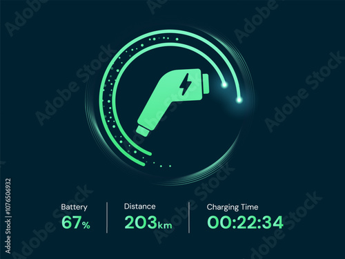 Electric Vehicle battery charging Dashboard Interface with EV Plug Connector symbol in technology circle Round loading bar vector design concept. Battery charging dashboard for ui, ev car, new tech.