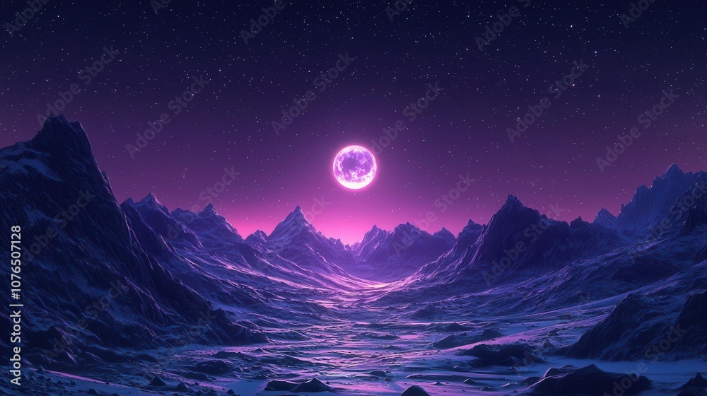 Fototapeta premium A stunning night landscape featuring a glowing purple moon over majestic mountains and a serene water body.