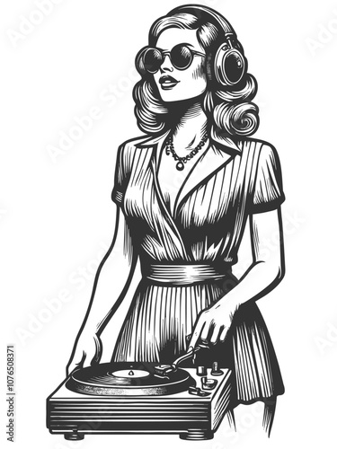 woman DJ with headphones and sunglasses, playing a vinyl record on a turntable. Classic retro vibe sketch engraving generative ai vector illustration. Scratch board imitation. Black and white image.